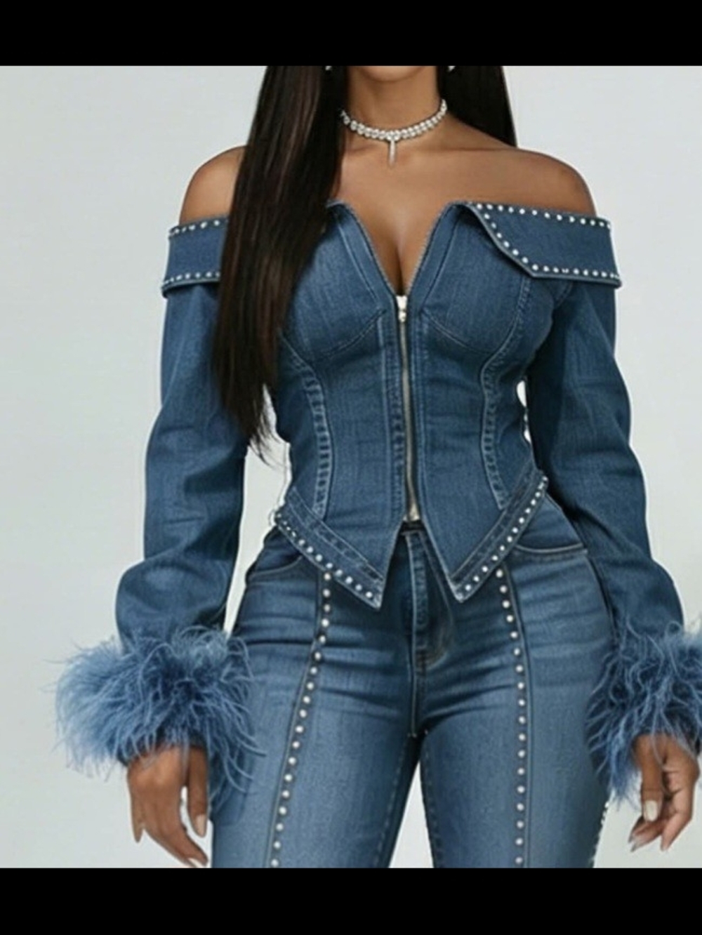 Womans Denim Off Shoulder Long Sleeve Elegant Top.  Pants Not included.